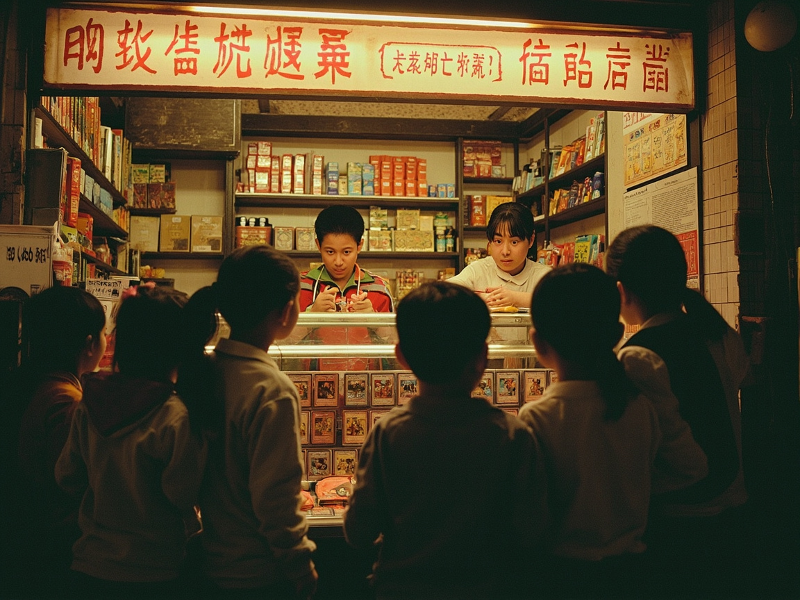 小卖部里的孩子们围着看谁抽到稀有卡