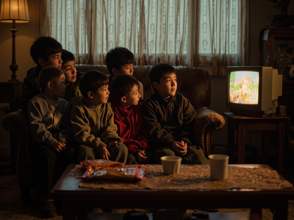 一群男孩趴在电视前看游戏王动画片