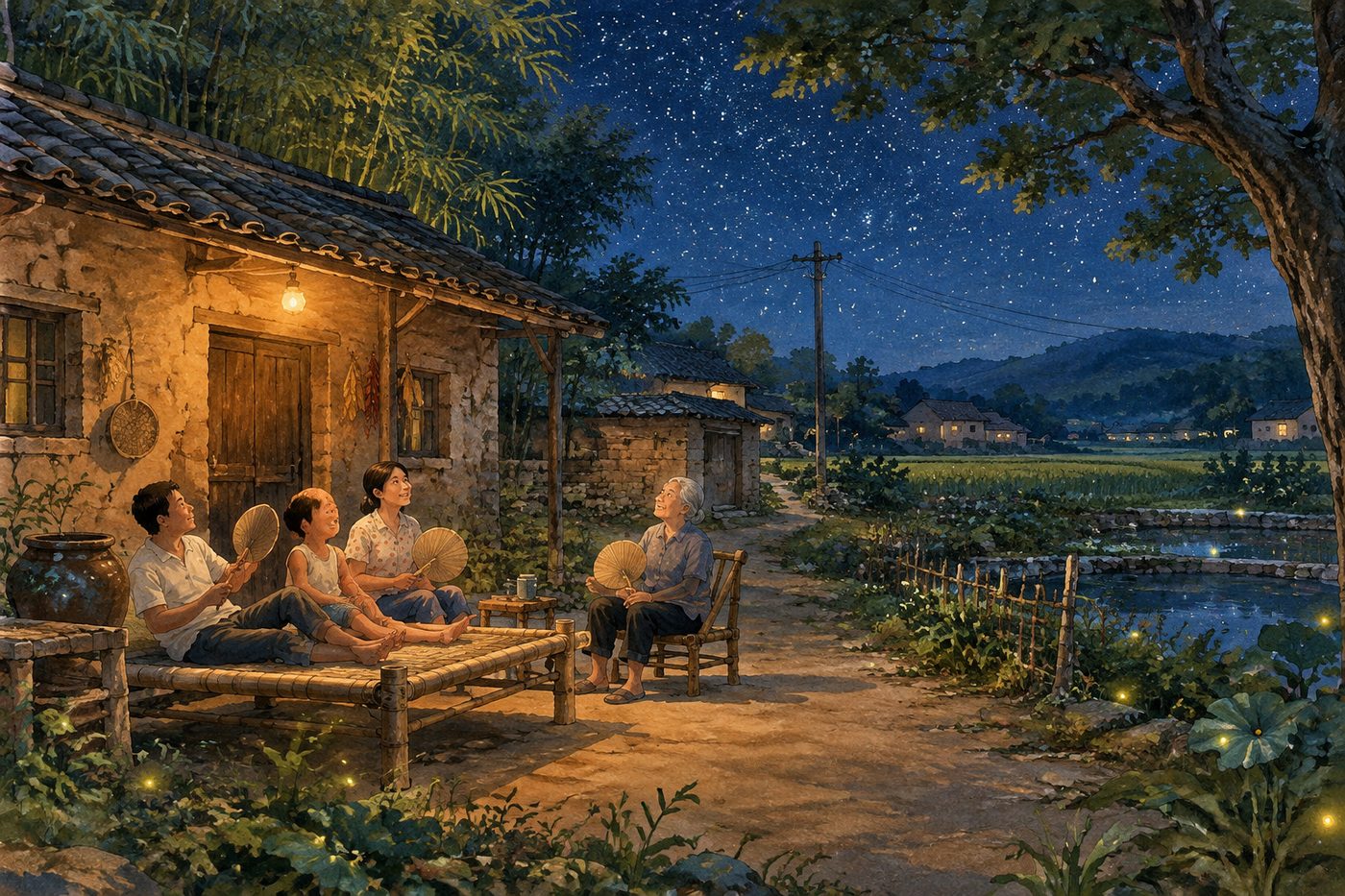夏夜场院上的竹床与蒲扇 夏夜场院上的竹床与蒲扇