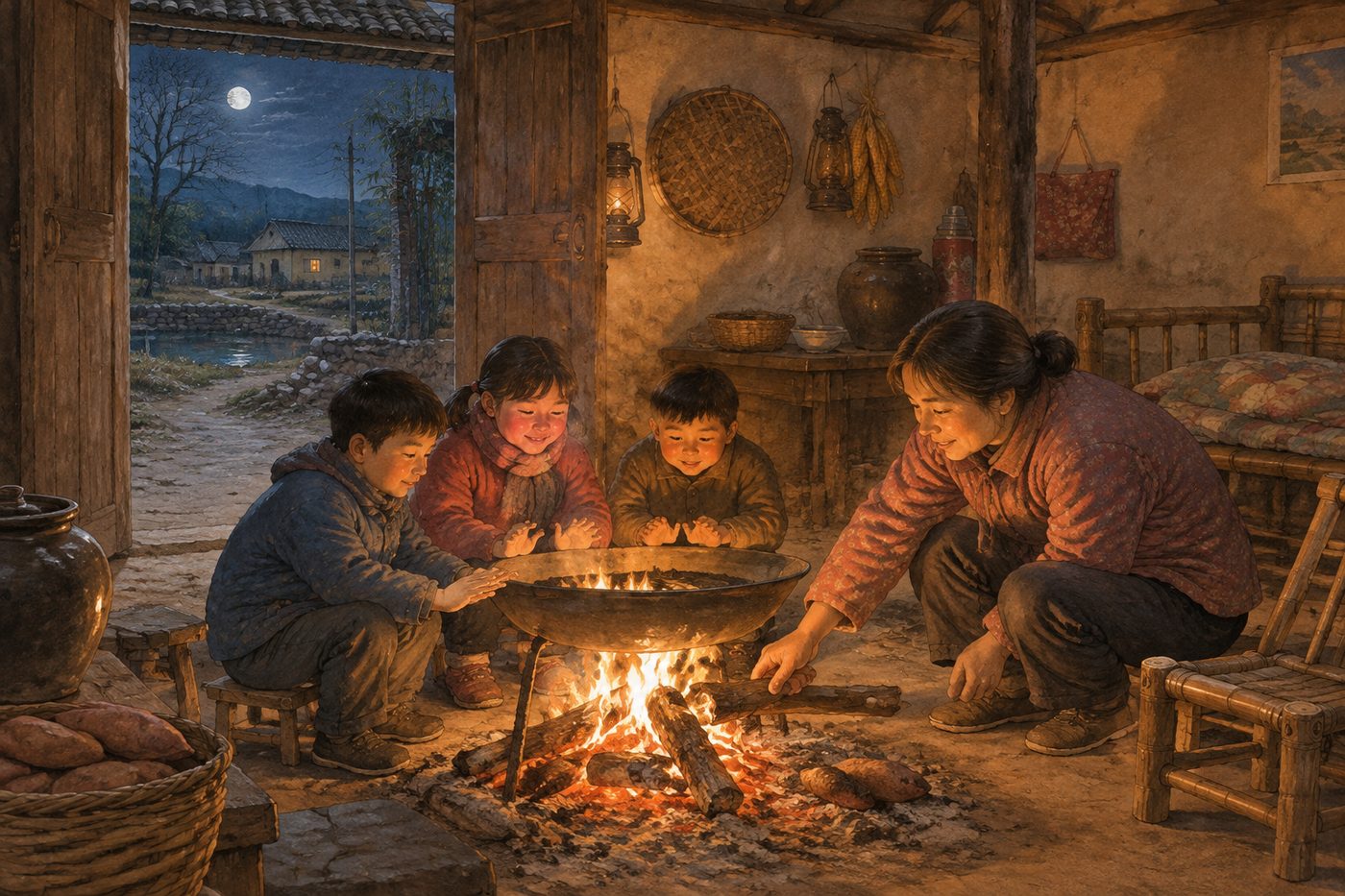 冬夜火塘边烤手的孩子 冬夜火塘边烤手的孩子